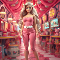 A full-length depiction of a sexy, sweet, and innocent 18-year-old blonde girl, resembling a real-life Barbie doll