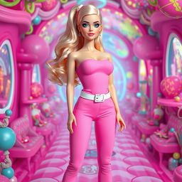 A full-length depiction of a sexy, sweet, and innocent 18-year-old blonde girl, resembling a real-life Barbie doll