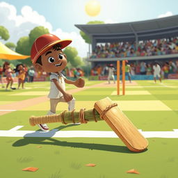 A whimsical scene showing a cricket match, where a character named Ramoo has won the toss and chosen to bat