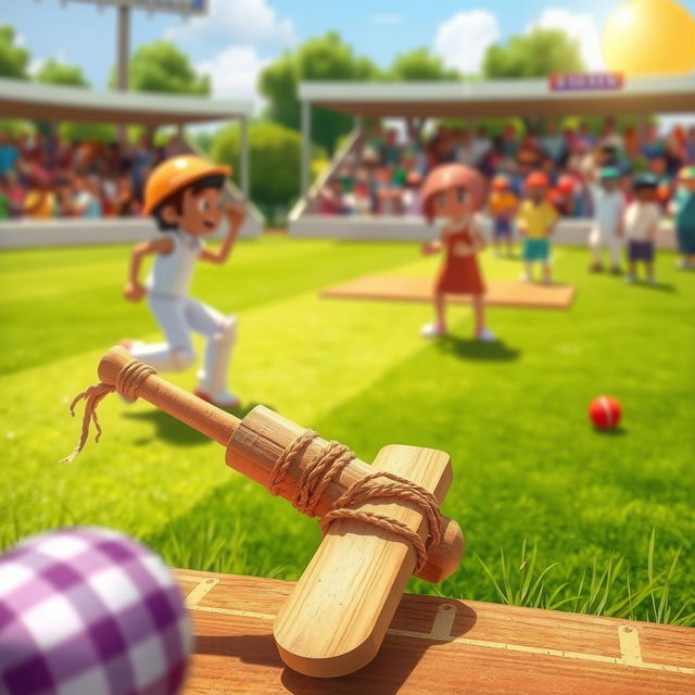 A whimsical scene showing a cricket match, where a character named Ramoo has won the toss and chosen to bat