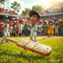 A whimsical scene showing a cricket match, where a character named Ramoo has won the toss and chosen to bat