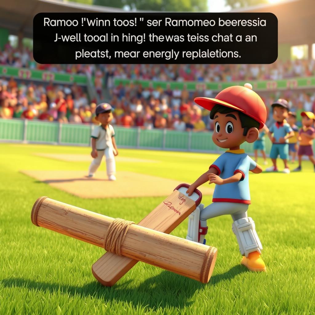 A whimsical scene showing a cricket match, where a character named Ramoo has won the toss and chosen to bat