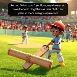 A whimsical scene showing a cricket match, where a character named Ramoo has won the toss and chosen to bat