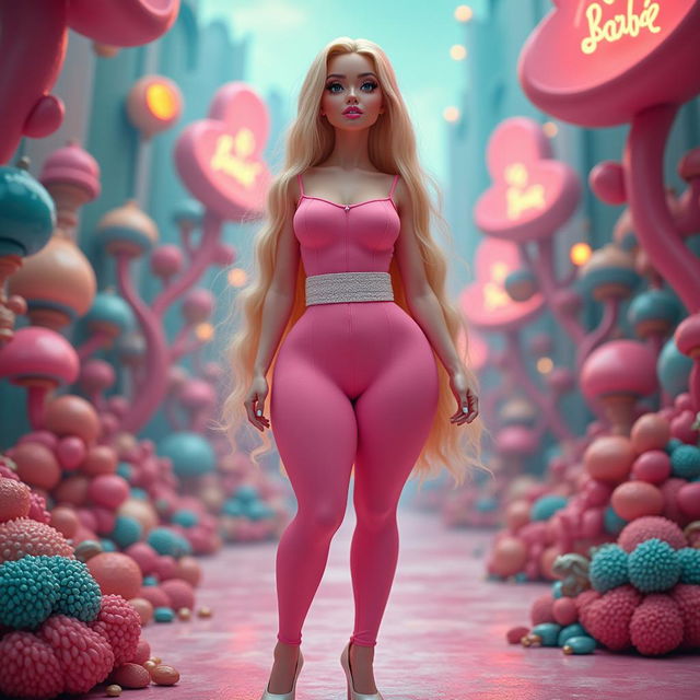 Full length portrait of a stunning 18 year old girl resembling a real life Barbie doll, featuring thin face with large round soft breasts, a soft round belly, ultra wide soft fat round hips, large round thighs, and thick round legs