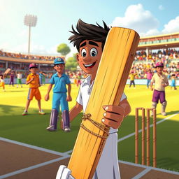 A lively cricket match scene featuring a character named Ramoo who has just won the toss and chosen to bat