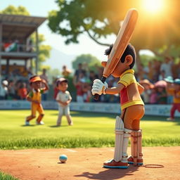 A lively cricket match scene featuring a character named Ramoo who has just won the toss and chosen to bat