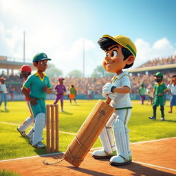 A lively cricket match scene featuring a character named Ramoo who has just won the toss and chosen to bat