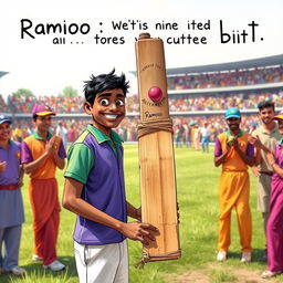 A humorous cricket match scenario depicting Ramoo, who has just won the toss and selected to bat