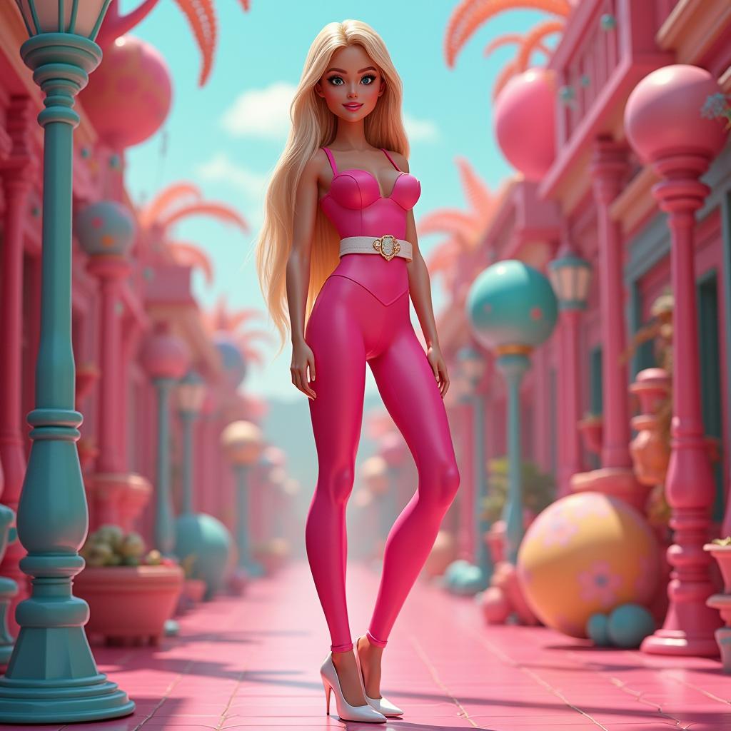 Full length portrait of a gorgeous 18 year old girl resembling a real life Barbie doll, characterized by her thin face with large round soft breasts, a soft round belly, ultra wide soft fat round hips, large round thighs, and thick round legs