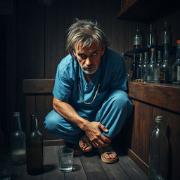 A sad, insane-looking man wearing blue doctor's scrubs is squatting and huddled in the corner behind a rustic wooden bar