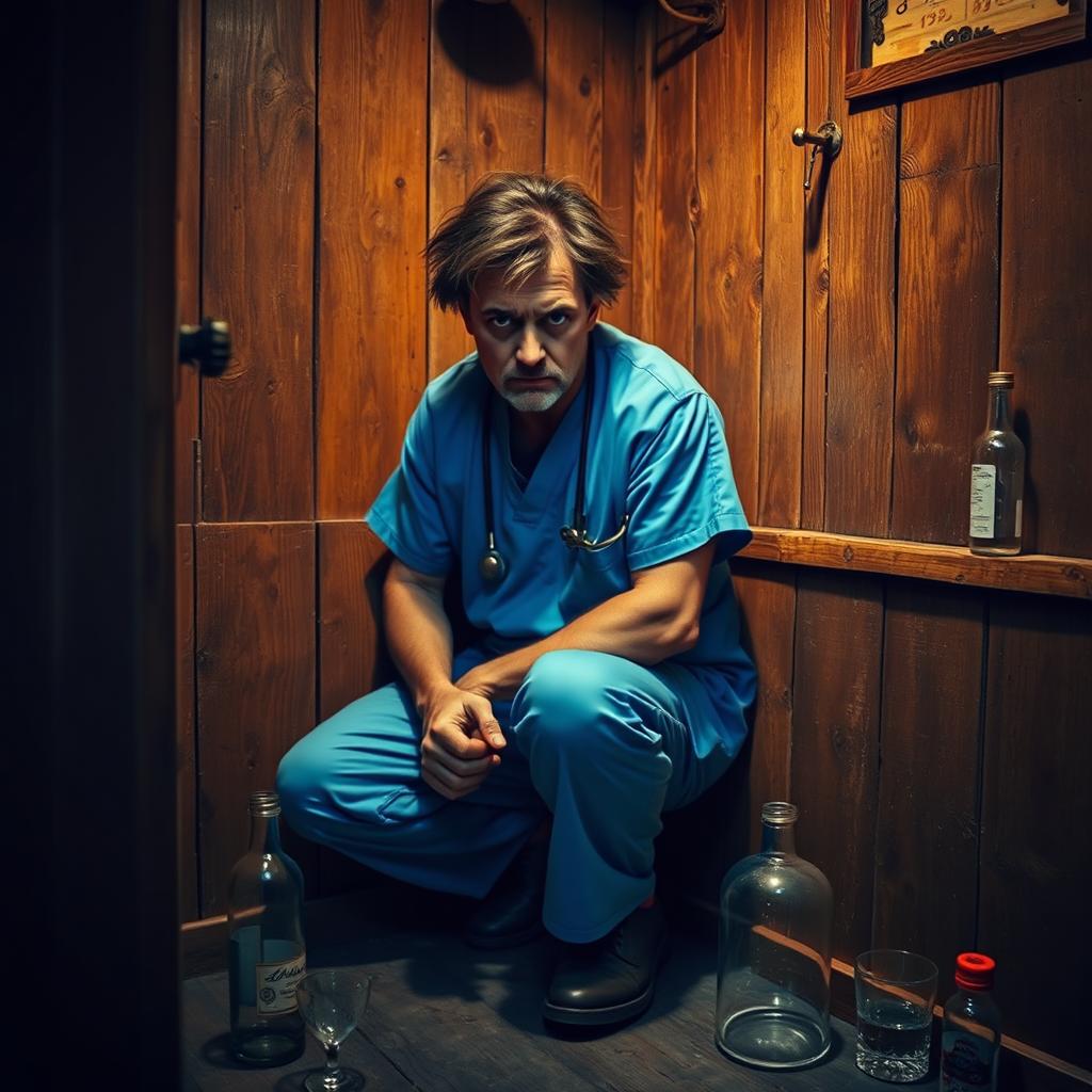A sad, insane-looking man wearing blue doctor's scrubs is squatting and huddled in the corner behind a rustic wooden bar