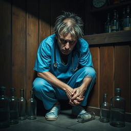 A sad, insane-looking man wearing blue doctor's scrubs is squatting and huddled in the corner behind a rustic wooden bar