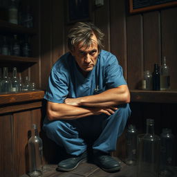 A sad, insane-looking man wearing blue doctor's scrubs is squatting and huddled in the corner behind a rustic wooden bar