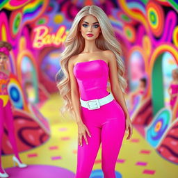 Full length portrait of a captivating 18-year-old girl styled as a real-life Barbie doll, showcasing a thin face with large round soft breasts, a soft round belly, ultra wide soft fat round hips, large round thighs, and thick round legs
