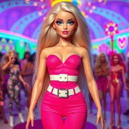 Full length portrait of a captivating 18-year-old girl styled as a real-life Barbie doll, showcasing a thin face with large round soft breasts, a soft round belly, ultra wide soft fat round hips, large round thighs, and thick round legs