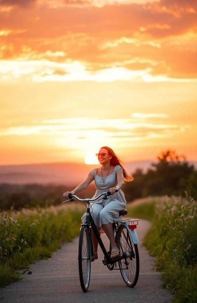 A romantic scene depicting a couple biking together under a beautiful sunset