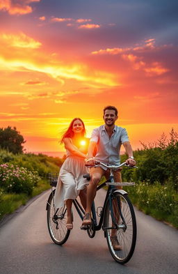 A romantic scene depicting a couple biking together under a beautiful sunset