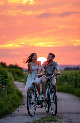 A romantic scene depicting a couple biking together under a beautiful sunset