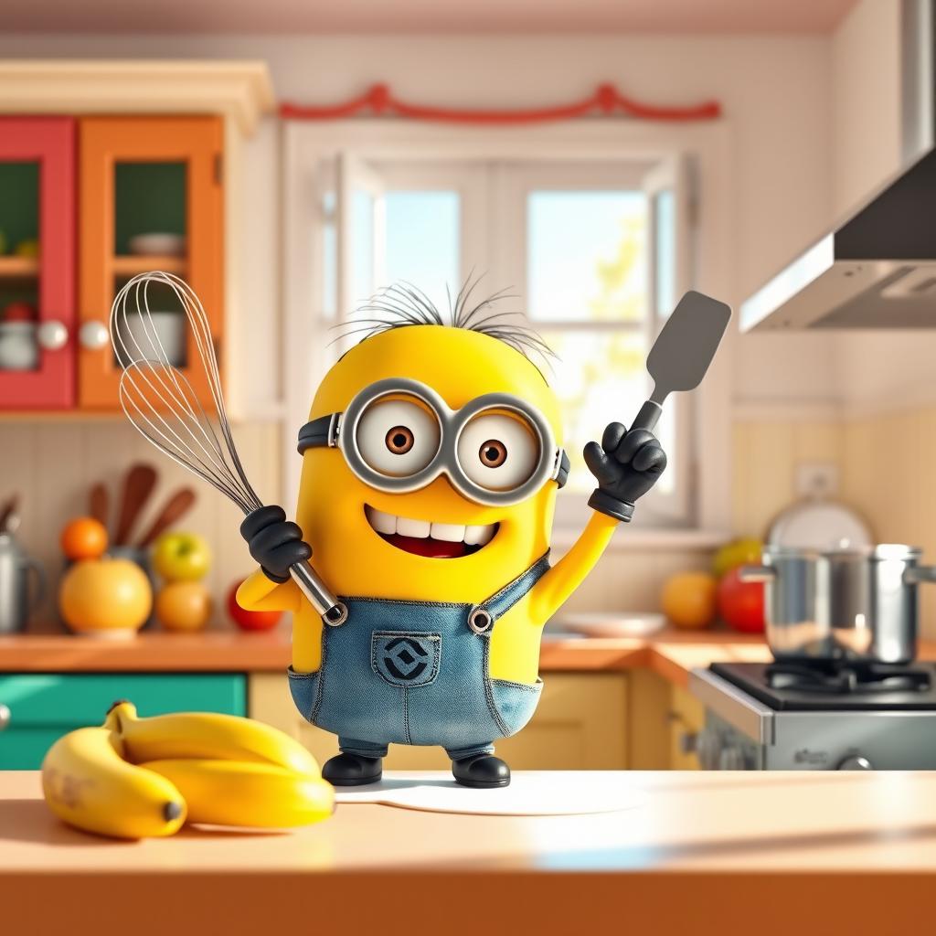 A whimsical scene featuring a cute yellow minion character in a colorful kitchen