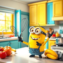 A whimsical scene featuring a cute yellow minion character in a colorful kitchen
