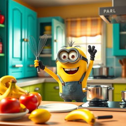 A whimsical scene featuring a cute yellow minion character in a colorful kitchen