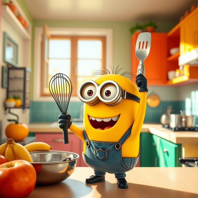 A whimsical scene featuring a cute yellow minion character in a colorful kitchen