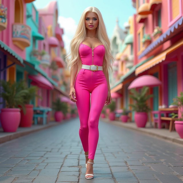 Full length portrait of a beautiful 18 year old girl resembling a real human Barbie doll, featuring a thin face with large round soft breasts, a soft round belly, ultra wide soft fat round hips, large round thighs, and thick round legs