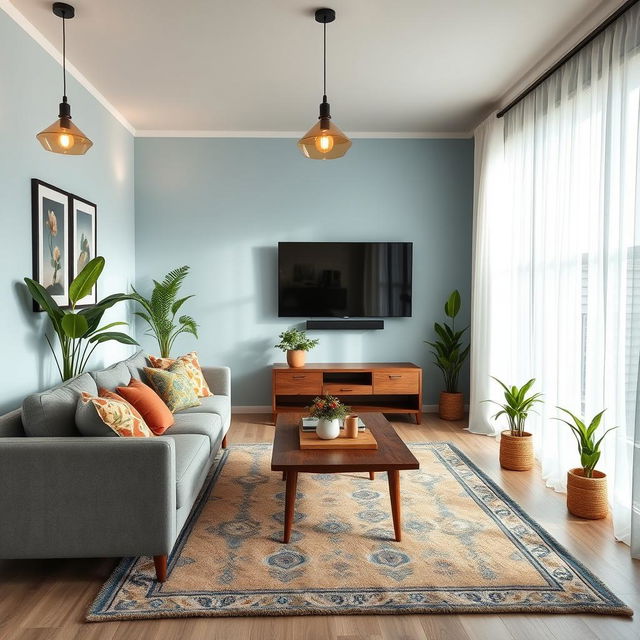 A beautifully designed room featuring a cozy living space with a plush grey sofa adorned with colorful cushions, a large wall-mounted flat-screen TV, an elegant wooden coffee table, and stylish houseplants in the corners