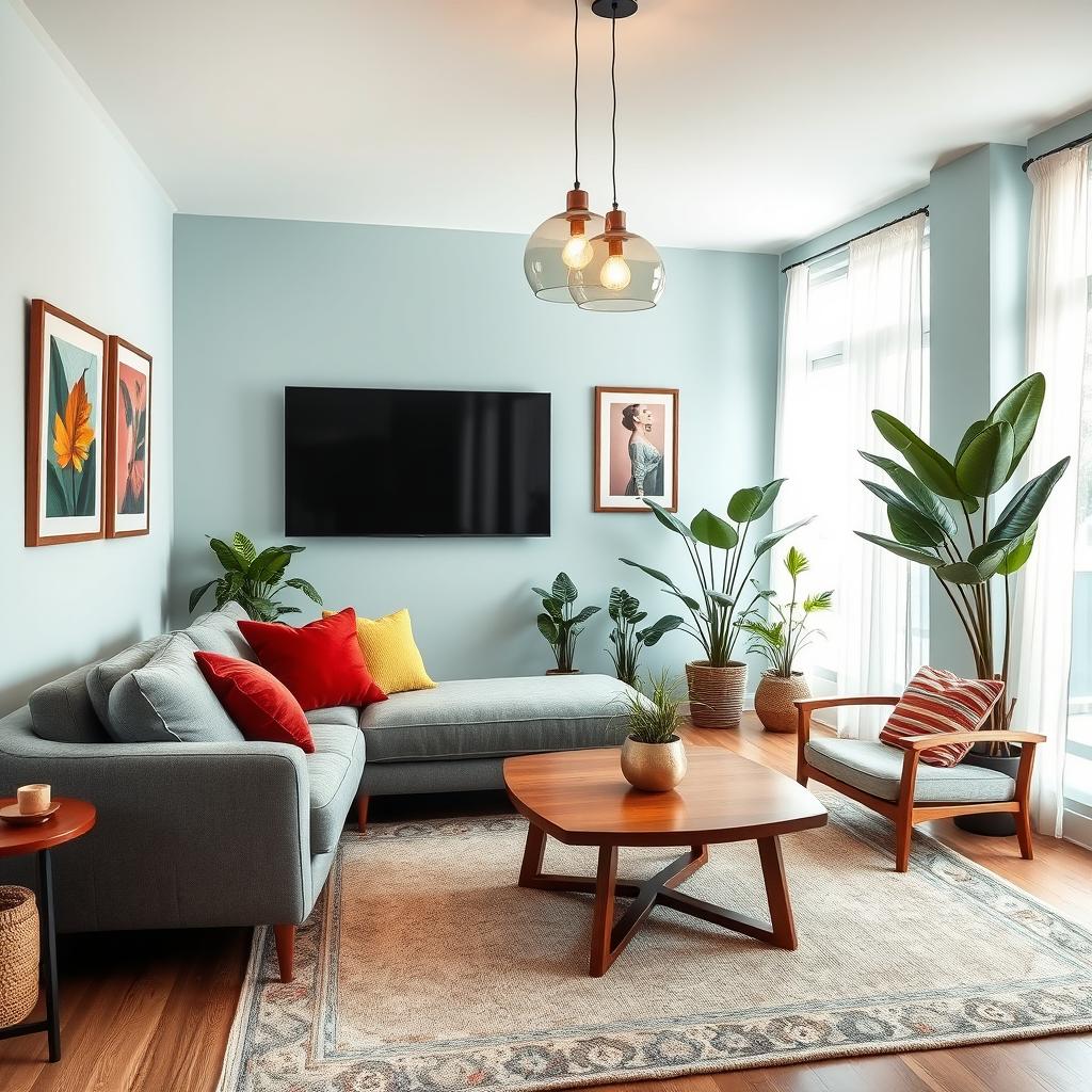 A beautifully designed room featuring a cozy living space with a plush grey sofa adorned with colorful cushions, a large wall-mounted flat-screen TV, an elegant wooden coffee table, and stylish houseplants in the corners