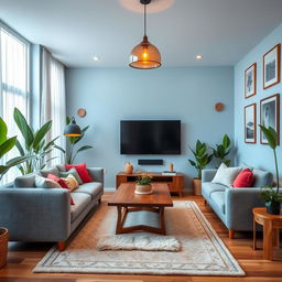 A beautifully designed room featuring a cozy living space with a plush grey sofa adorned with colorful cushions, a large wall-mounted flat-screen TV, an elegant wooden coffee table, and stylish houseplants in the corners
