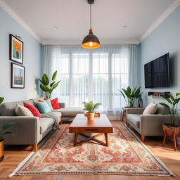 A beautifully designed room featuring a cozy living space with a plush grey sofa adorned with colorful cushions, a large wall-mounted flat-screen TV, an elegant wooden coffee table, and stylish houseplants in the corners