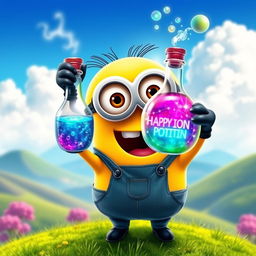 A whimsical and colorful scene featuring a cute yellow minion, with its characteristic large eyes and overalls, joyfully holding a vibrant potion in a glass bottle