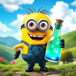 A whimsical and colorful scene featuring a cute yellow minion, with its characteristic large eyes and overalls, joyfully holding a vibrant potion in a glass bottle