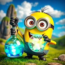 A whimsical and colorful scene featuring a cute yellow minion, with its characteristic large eyes and overalls, joyfully holding a vibrant potion in a glass bottle