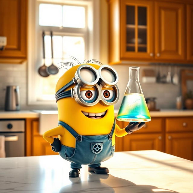 A cheerful yellow minion character, standing in a home kitchen, holding a conical flask filled with a colorful liquid