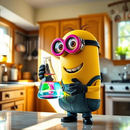 A cheerful yellow minion character, standing in a home kitchen, holding a conical flask filled with a colorful liquid
