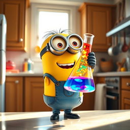 A cheerful yellow minion character, standing in a home kitchen, holding a conical flask filled with a colorful liquid