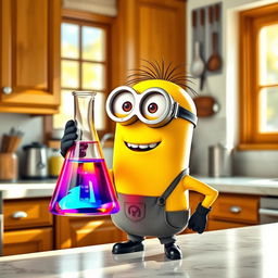 A cheerful yellow minion character, standing in a home kitchen, holding a conical flask filled with a colorful liquid