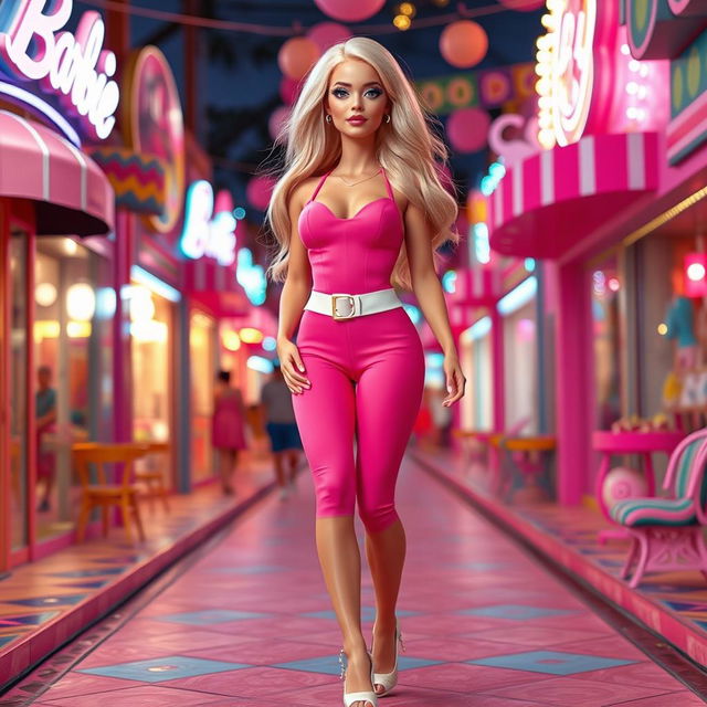 Full length portrait of a captivating 25 year old woman styled as a real life human Barbie doll, possessing a thin face with large round soft breasts, a soft round belly, ultra wide soft fat round hips, large round thighs, and thick round legs