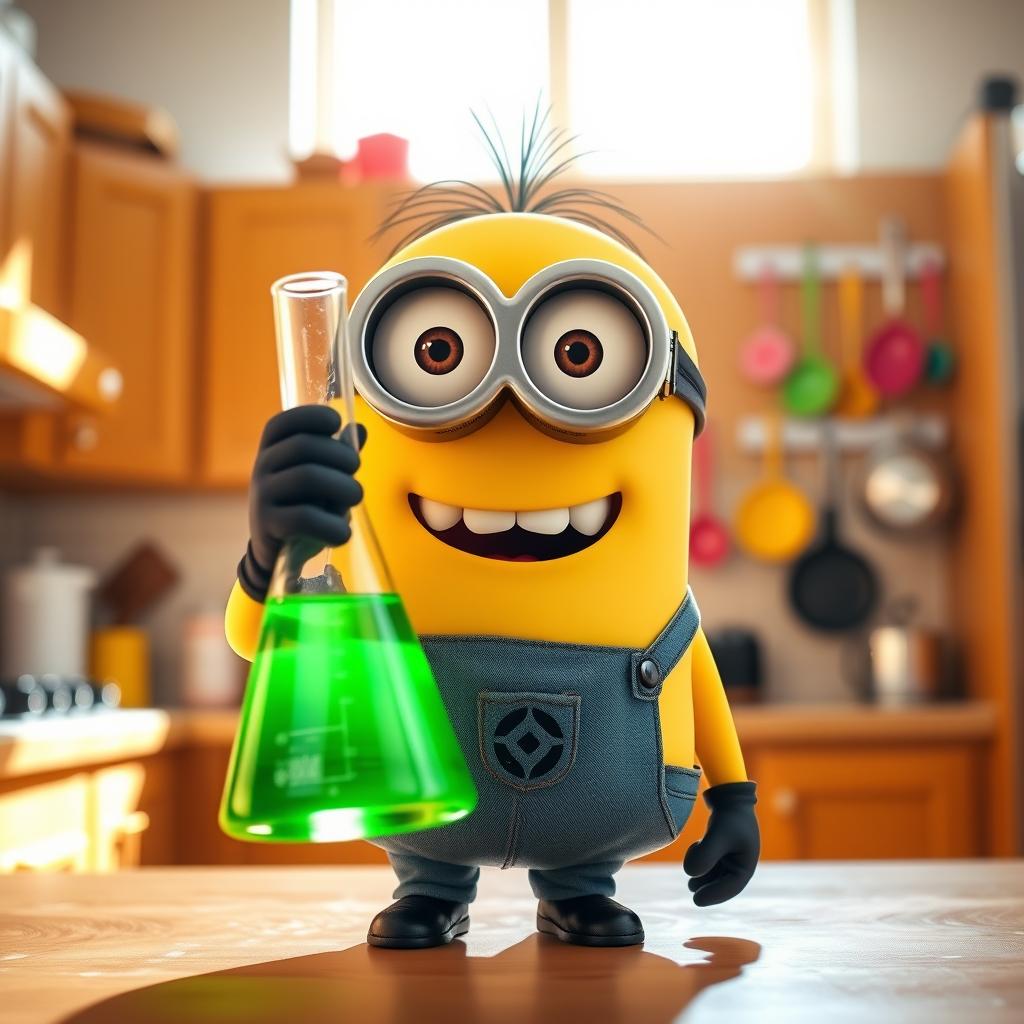 A cheerful yellow Minion holding a conical flask in one hand, set against a bright and vibrant kitchen background