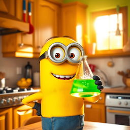 A cheerful yellow Minion holding a conical flask in one hand, set against a bright and vibrant kitchen background