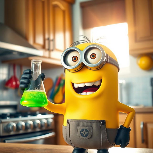 A cheerful yellow Minion holding a conical flask in one hand, set against a bright and vibrant kitchen background