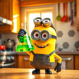 A cheerful yellow Minion holding a conical flask in one hand, set against a bright and vibrant kitchen background