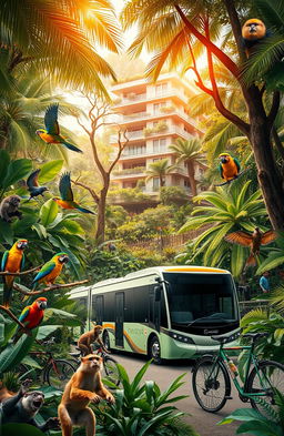 A vibrant jungle scene featuring diverse animals such as colorful birds, playful monkeys, and exotic creatures