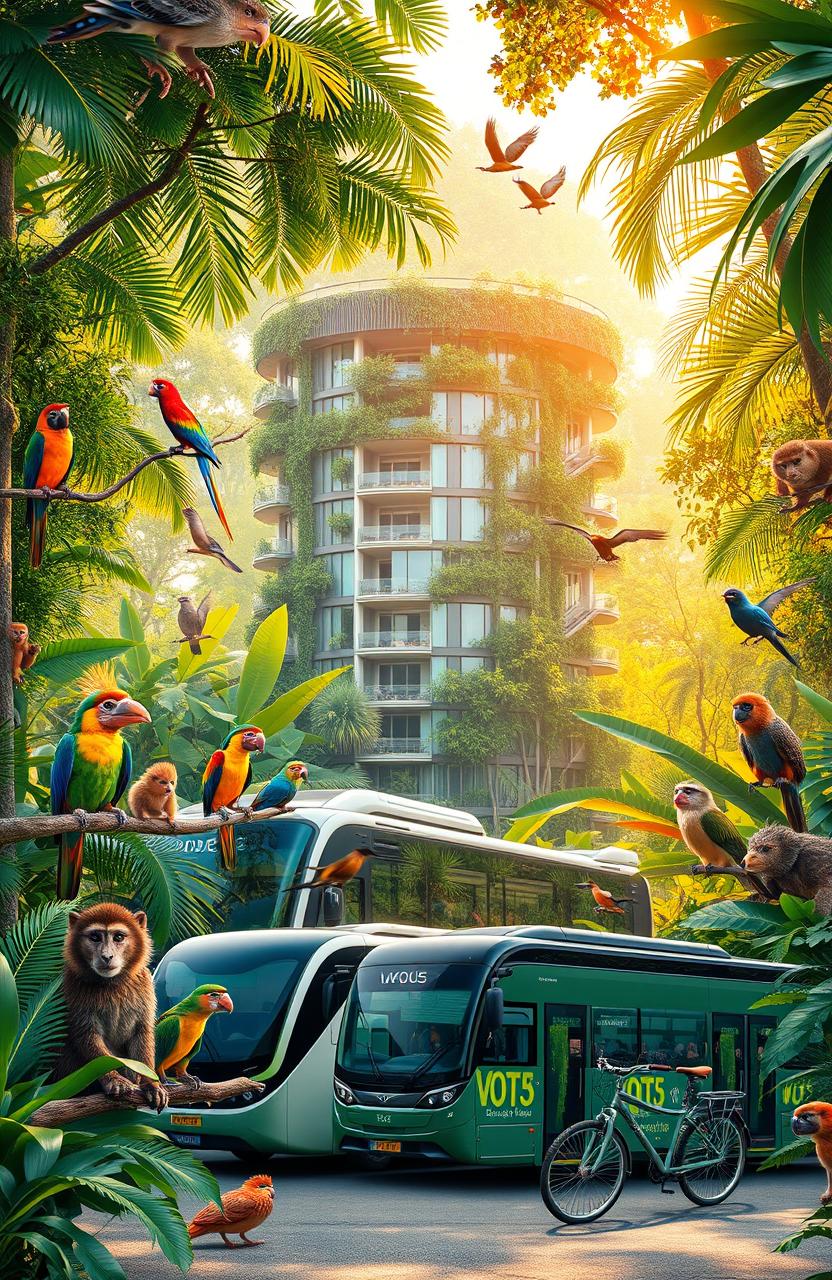 A vibrant jungle scene featuring diverse animals such as colorful birds, playful monkeys, and exotic creatures