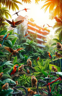 A vibrant jungle scene featuring diverse animals such as colorful birds, playful monkeys, and exotic creatures