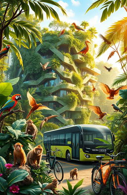 A vibrant jungle scene featuring diverse animals such as colorful birds, playful monkeys, and exotic creatures