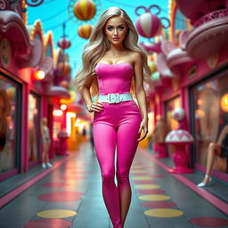 Full length portrait of a stunning 29-year-old woman styled as a real-life human Barbie doll, featuring a thin face with large round soft breasts, a soft round belly, ultra wide soft fat round hips, large round thighs, and thick round legs