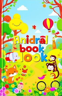 A vibrant and colorful children's book cover featuring a magical forest filled with cute and playful animals such as a happy elephant, a curious fox, and a cheeky monkey
