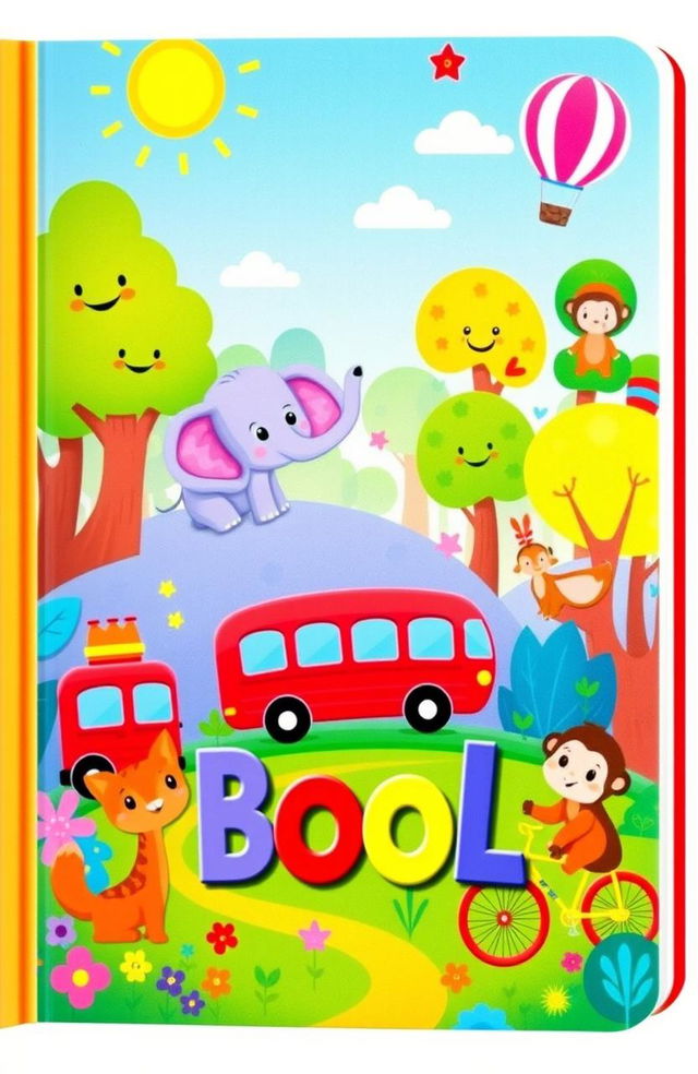 A vibrant and colorful children's book cover featuring a magical forest filled with cute and playful animals such as a happy elephant, a curious fox, and a cheeky monkey